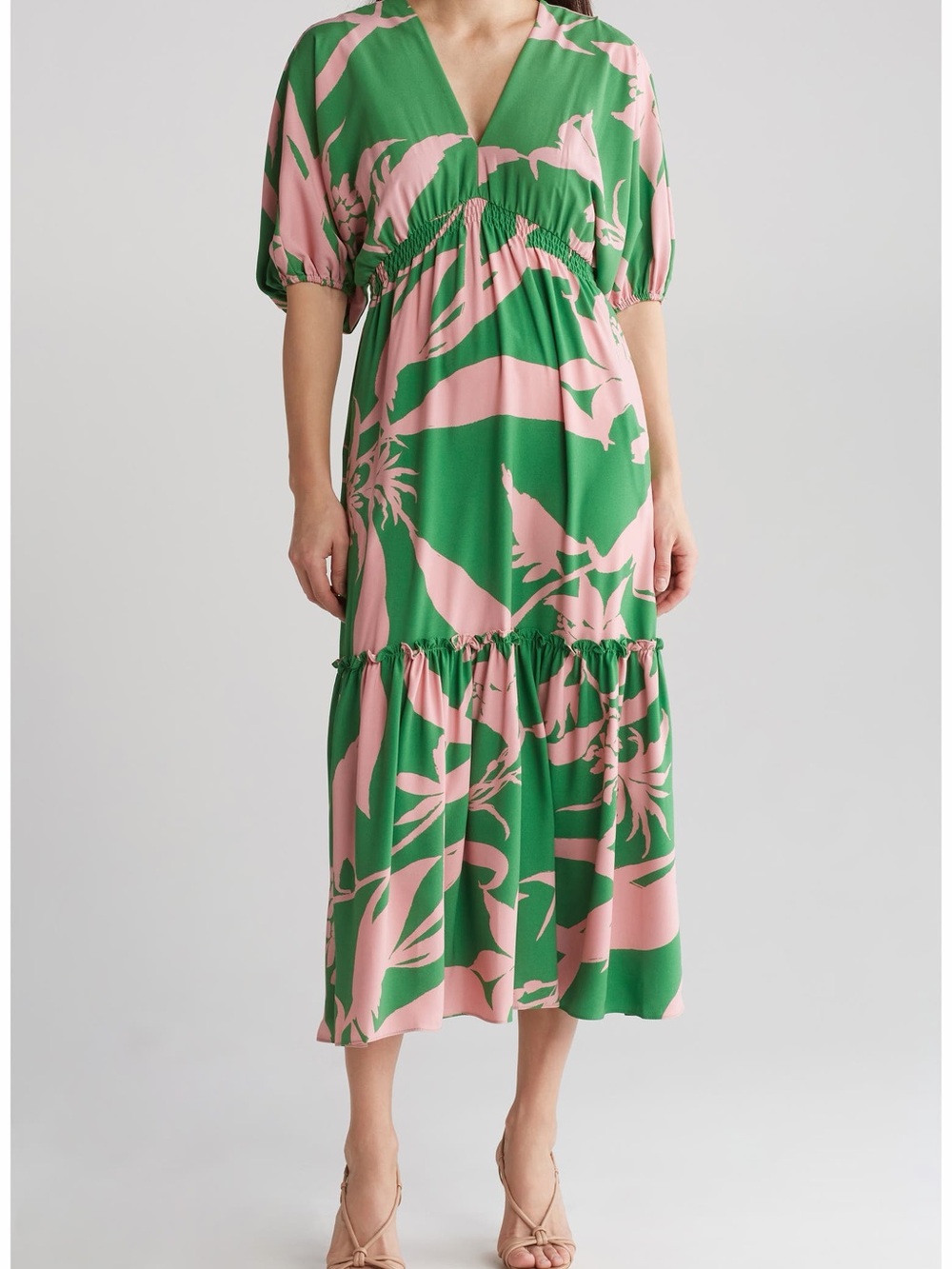 NWT Taylor Tropical Print Midi Dress Size 4 Green Pink Puff Sleeve Smocked Waist